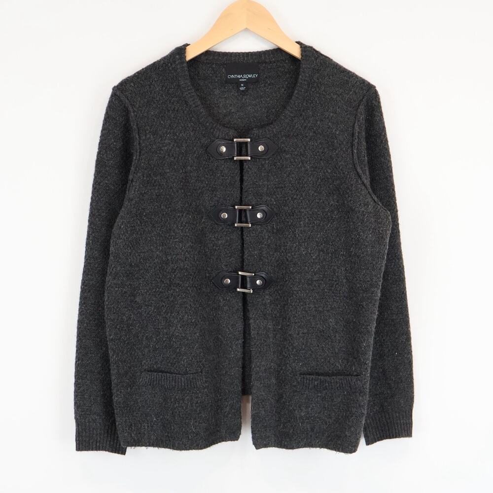 Cynthia Rowley Charcoal Gray Faux Leather Buckle Cardigan Sweater Size 1X